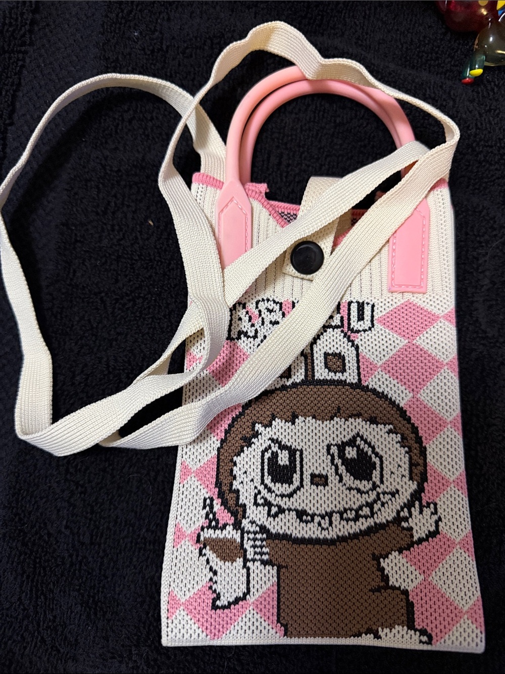 Cute Pink & Cream Cartoon Knit Crossbody Phone Bag